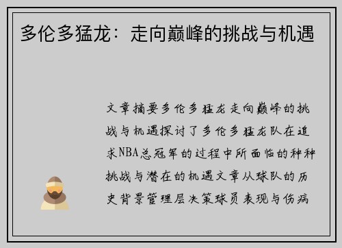 多伦多猛龙：走向巅峰的挑战与机遇